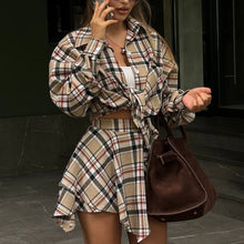 Load image into Gallery viewer, Spring Autumn Street Retro Women Clothing Set of Long Sleeved Plaid Shirt Irregular Asymmetric Skirt Loose Outfit