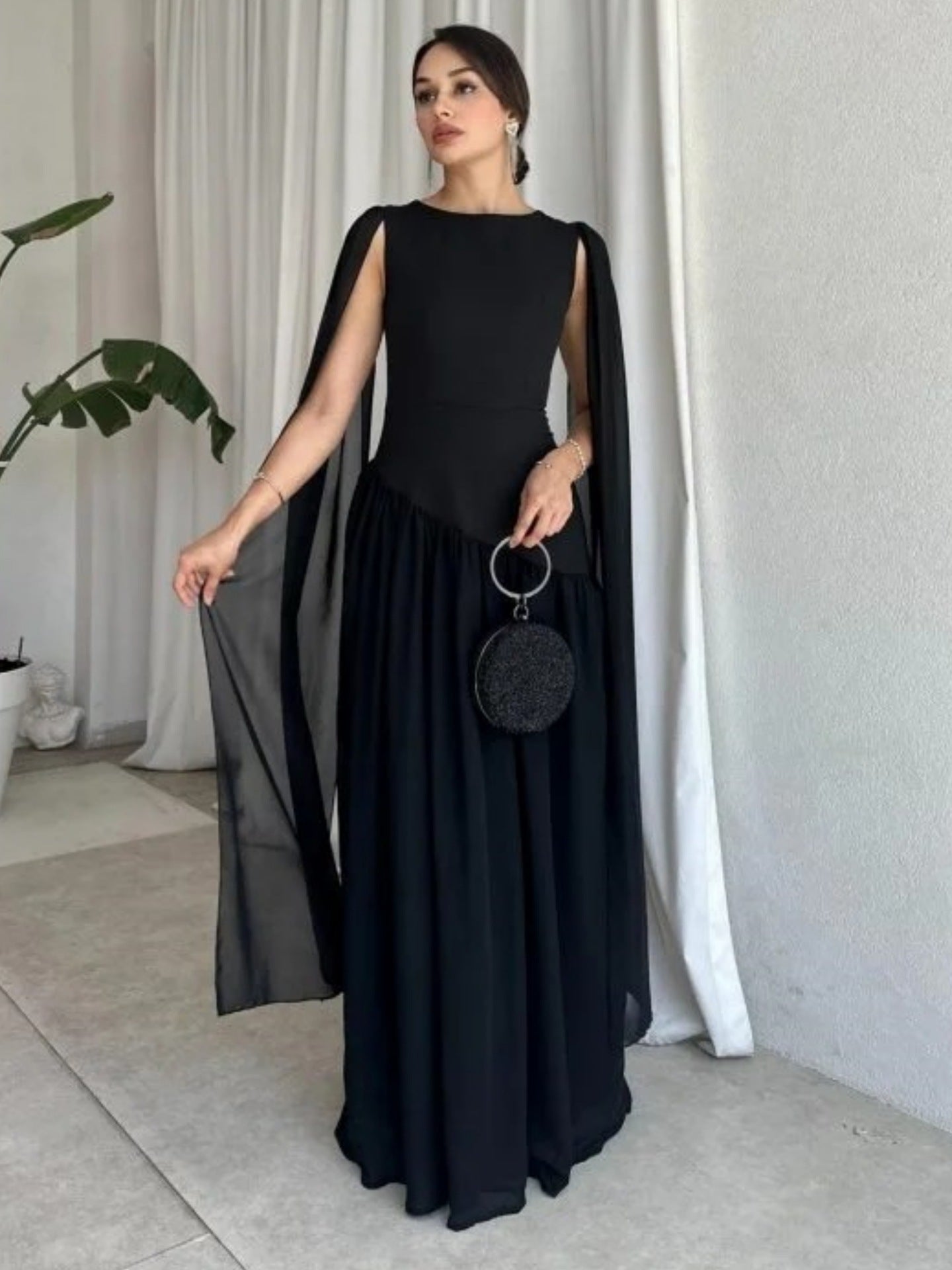 Ascarlet Cape Sleeve Evening Gown for Women – Asymmetrical Drape Flowing Maxi Dress for Weddings & Formal Events