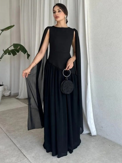Ascarlet Cape Sleeve Evening Gown for Women – Asymmetrical Drape Flowing Maxi Dress for Weddings & Formal Events