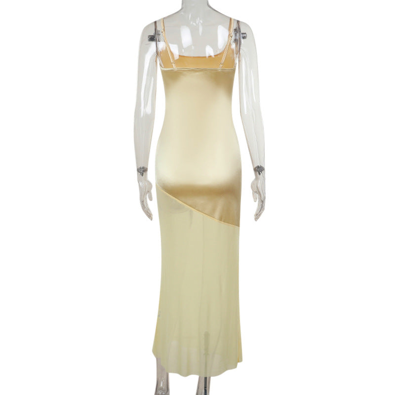 Yellow Satin Maxi Dress with Mesh Panels | Summer Mesh Dress | Asymmetrical Long Maxi Dress Sheer