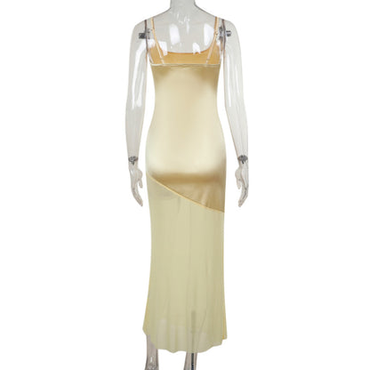 Yellow Satin Maxi Dress with Mesh Panels | Summer Mesh Dress | Asymmetrical Long Maxi Dress Sheer