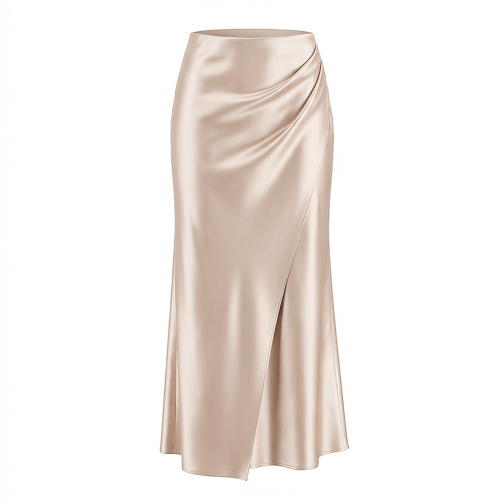 Heap Pleated Satin Skirt Elastic Waist Solid Color Elegant Sheath Skirt