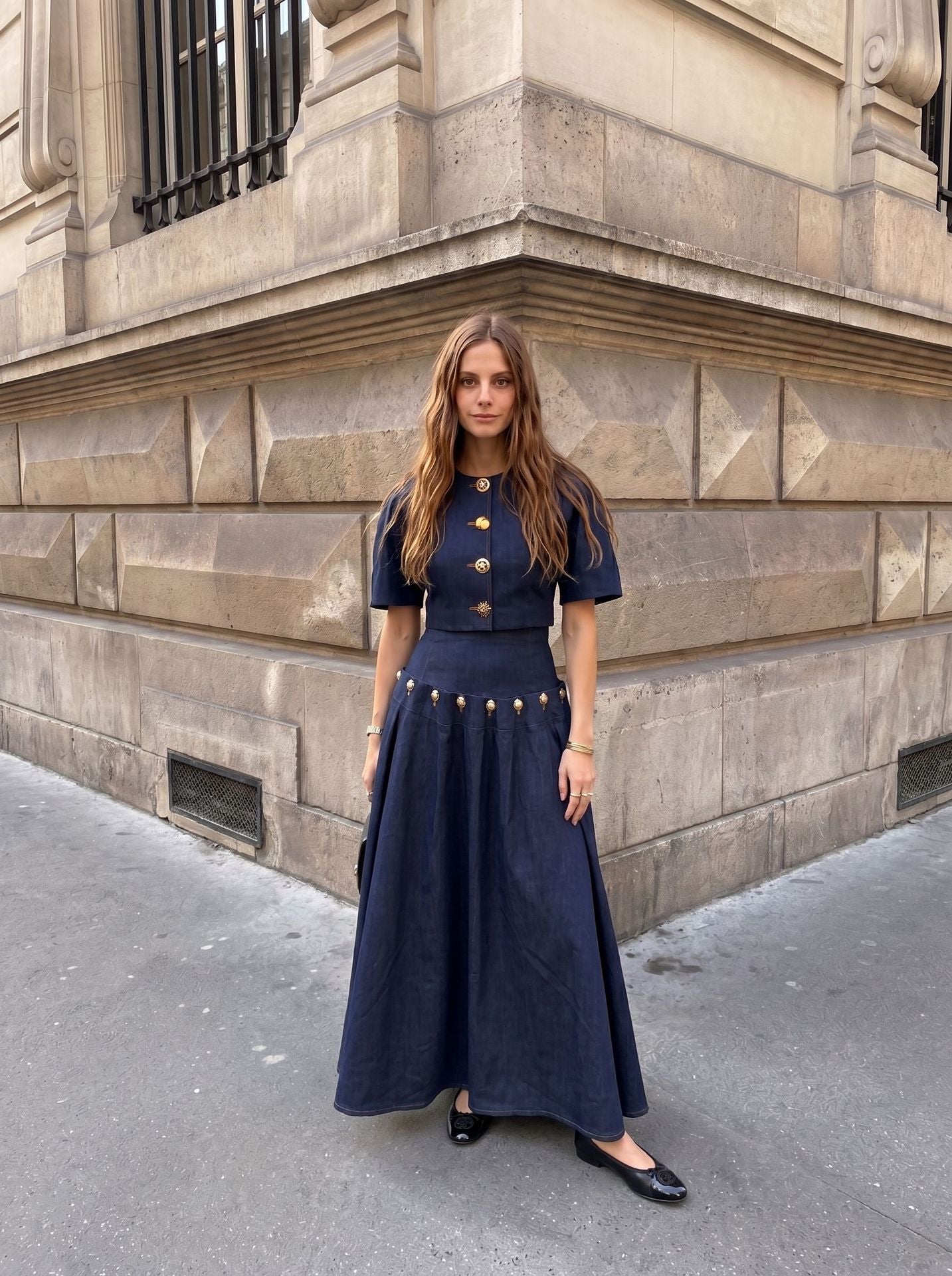 Summer Casual Unique Metal Button Lace up Denim Skirt Two Piece Sets