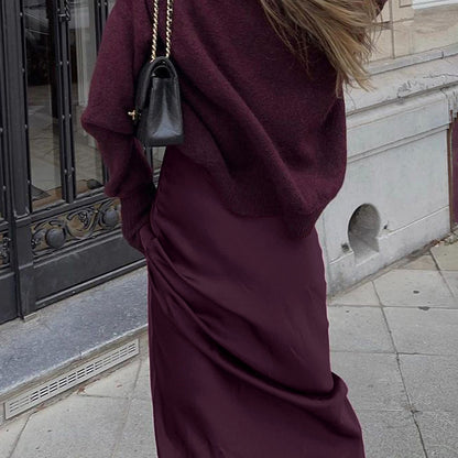 Women Clothing Wine Red Long Skirt Spring Autumn Simple Temperamental All Match High Waist Satin Hip Skirt