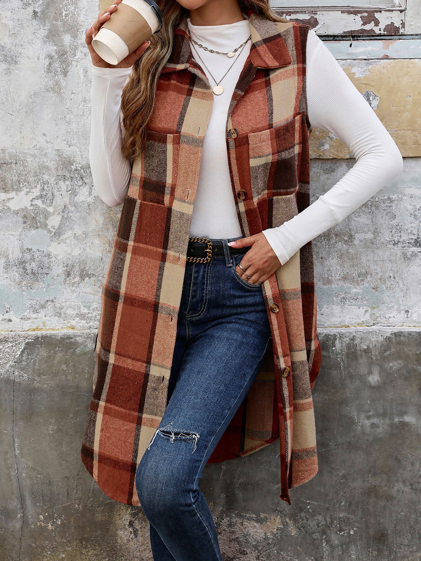 Autumn Winter Sleeveless Collared Cardigan Coat Retro Mid Length Plaid Vest