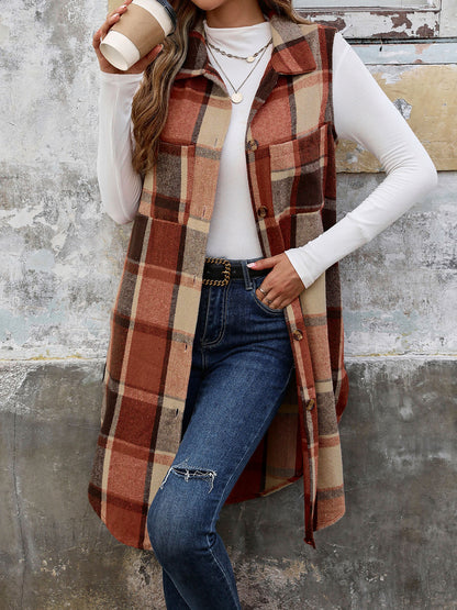 Autumn Winter Sleeveless Collared Cardigan Coat Retro Mid Length Plaid Vest