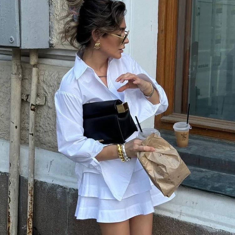 White Shirt Tiered Skirt Set Women Collared Long Sleeve Stylish Shirt High Waist Short Skirt Two Piece Set