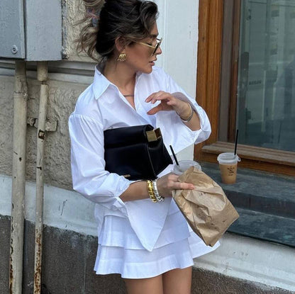White Shirt Tiered Skirt Set Women Collared Long Sleeve Stylish Shirt High Waist Short Skirt Two Piece Set
