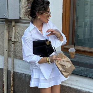 White Shirt Tiered Skirt Set Women Collared Long Sleeve Stylish Shirt High Waist Short Skirt Two Piece Set