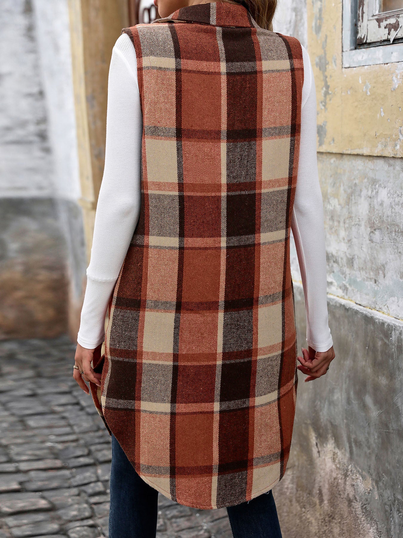 Autumn Winter Sleeveless Collared Cardigan Coat Retro Mid Length Plaid Vest