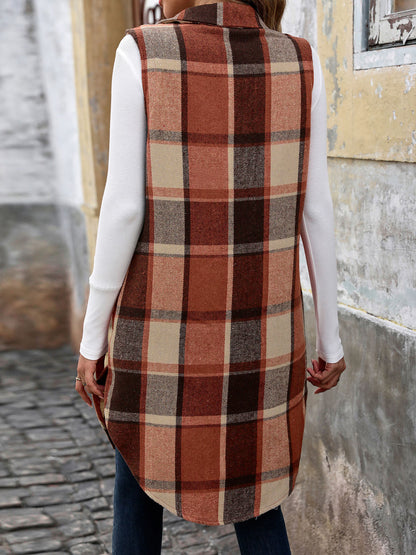 Autumn Winter Sleeveless Collared Cardigan Coat Retro Mid Length Plaid Vest
