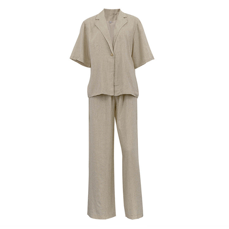 Spring Summer Linen Office Women Collared Half Sleeve Cardigan Top Loose Wide Leg Pants Two Piece Set