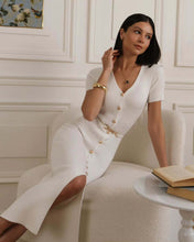 Load image into Gallery viewer, V neck Multi Breasted Dress Knitted Solid Color Slim Fit Short Sleeve Elegant Retro Long Knitted Hip Dress Women