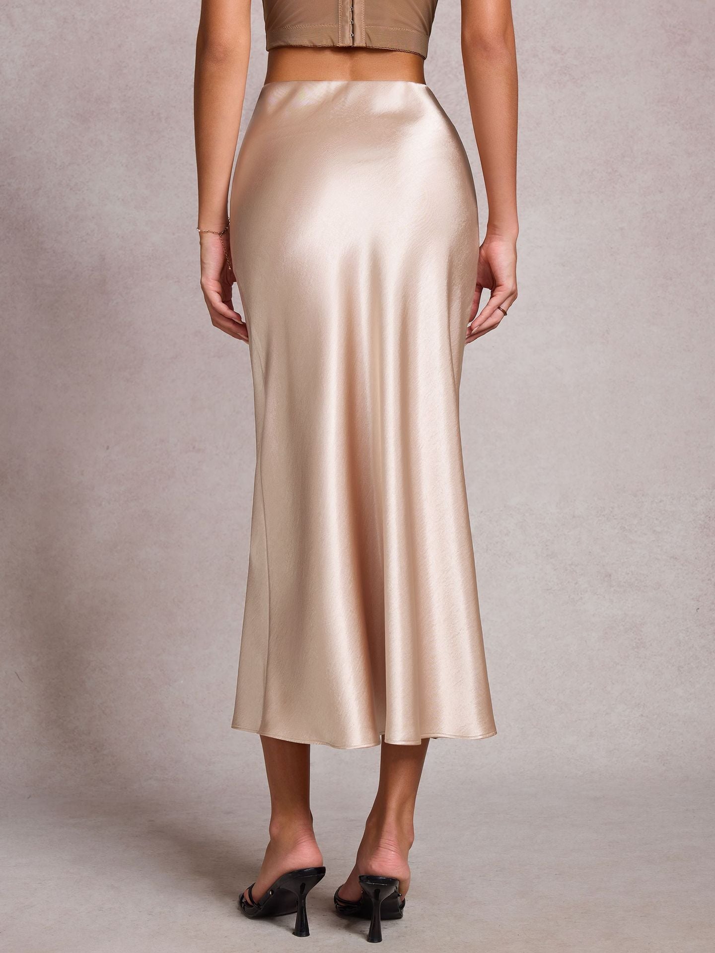 Heap Pleated Satin Skirt Elastic Waist Solid Color Elegant Sheath Skirt