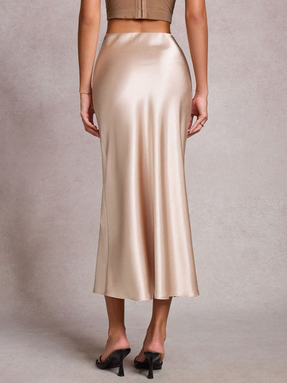 Heap Pleated Satin Skirt Elastic Waist Solid Color Elegant Sheath Skirt
