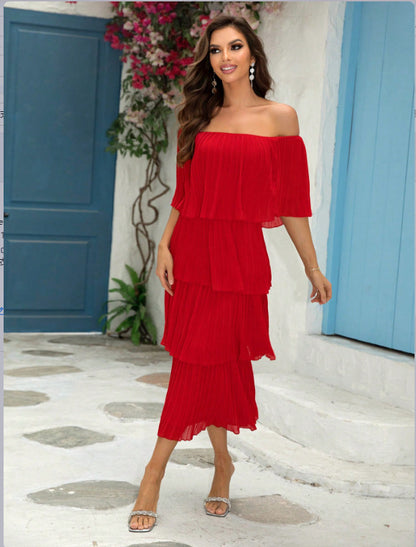 Women Clothing Elegant Boat Neck Pleated Ruffled Dress Maxi Dress