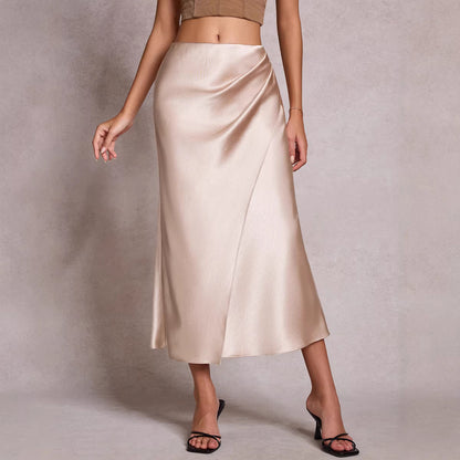 Heap Pleated Satin Skirt Elastic Waist Solid Color Elegant Sheath Skirt