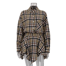 Load image into Gallery viewer, Spring Autumn Street Retro Women Clothing Set of Long Sleeved Plaid Shirt Irregular Asymmetric Skirt Loose Outfit