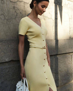 V neck Multi Breasted Dress Knitted Solid Color Slim Fit Short Sleeve Elegant Retro Long Knitted Hip Dress Women