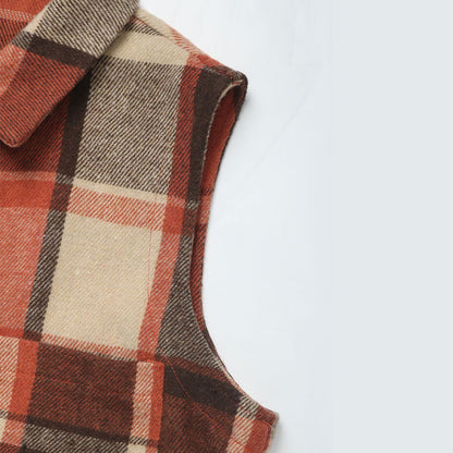 Autumn Winter Sleeveless Collared Cardigan Coat Retro Mid Length Plaid Vest