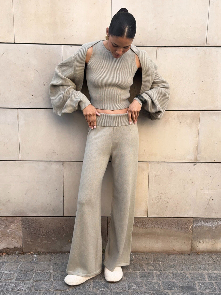 Three Piece Set Autumn Winter Knitted Top Halterneck Vest High Waist Wide Leg Pants Set
