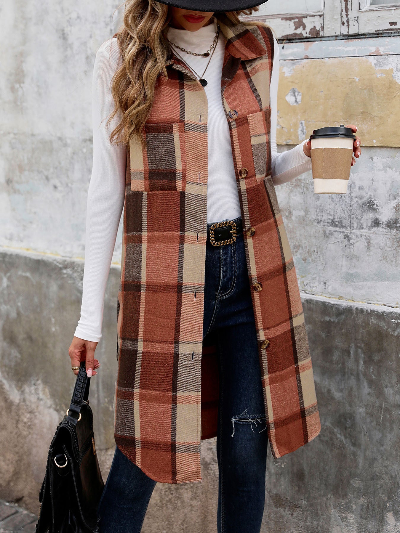Autumn Winter Sleeveless Collared Cardigan Coat Retro Mid Length Plaid Vest