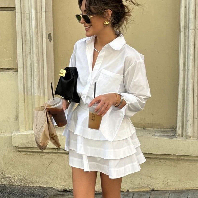 White Shirt Tiered Skirt Set Women Collared Long Sleeve Stylish Shirt High Waist Short Skirt Two Piece Set