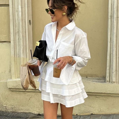 White Shirt Tiered Skirt Set Women Collared Long Sleeve Stylish Shirt High Waist Short Skirt Two Piece Set