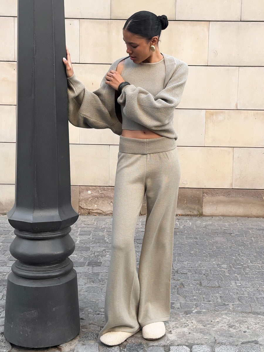 Three Piece Set Autumn Winter Knitted Top Halterneck Vest High Waist Wide Leg Pants Set