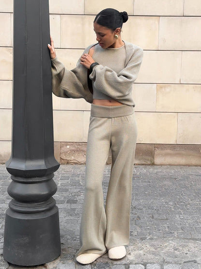 Three Piece Set Autumn Winter Knitted Top Halterneck Vest High Waist Wide Leg Pants Set