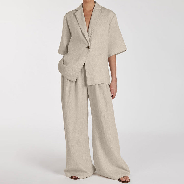 Spring Summer Linen Office Women Collared Half Sleeve Cardigan Top Loose Wide Leg Pants Two Piece Set