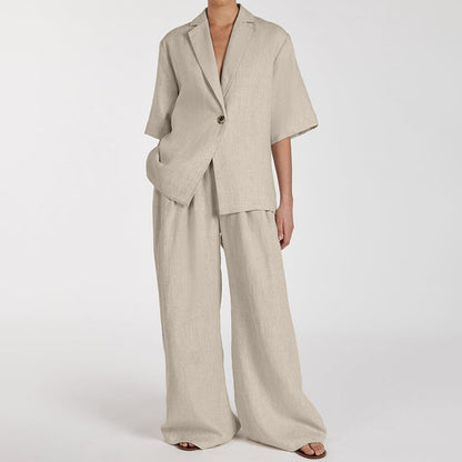 Spring Summer Linen Office Women Collared Half Sleeve Cardigan Top Loose Wide Leg Pants Two Piece Set