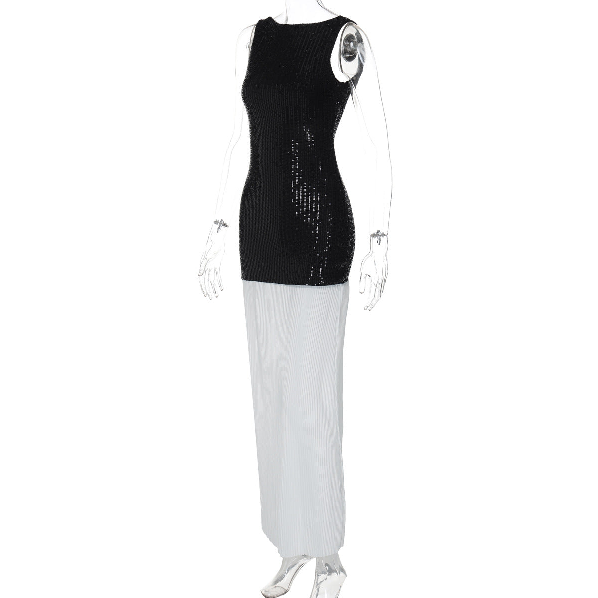 Women Clothing Autumn Sexy Backless Sleeveless Sequin Stitching Long Street Pleated Dress