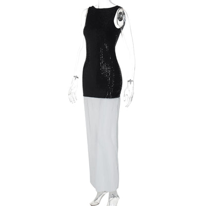 Women Clothing Autumn Sexy Backless Sleeveless Sequin Stitching Long Street Pleated Dress