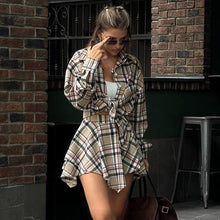 Load image into Gallery viewer, Spring Autumn Street Retro Women Clothing Set of Long Sleeved Plaid Shirt Irregular Asymmetric Skirt Loose Outfit