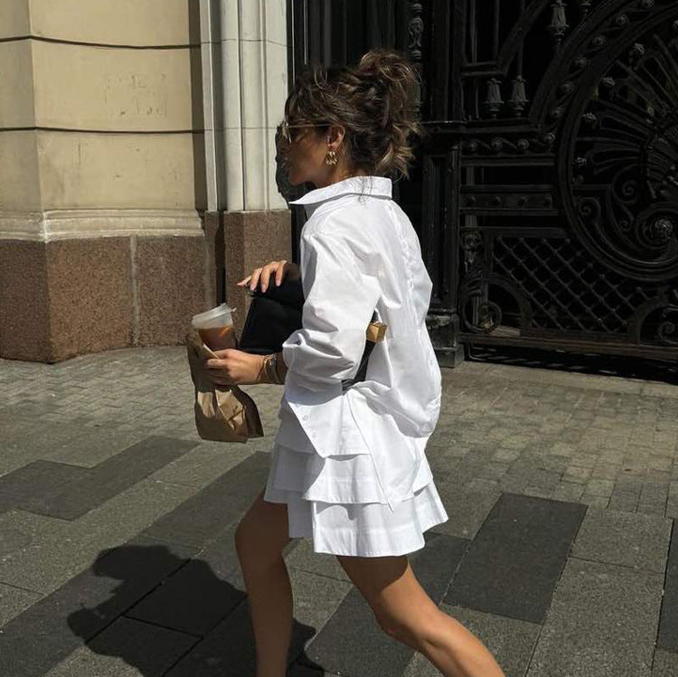 White Shirt Tiered Skirt Set Women Collared Long Sleeve Stylish Shirt High Waist Short Skirt Two Piece Set