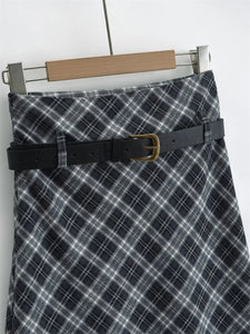 Marloe Plaid Midi Skirt – midi skirt with belt | A-line fall plaid skirt | Office skirt women