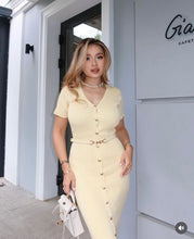Load image into Gallery viewer, V neck Multi Breasted Dress Knitted Solid Color Slim Fit Short Sleeve Elegant Retro Long Knitted Hip Dress Women