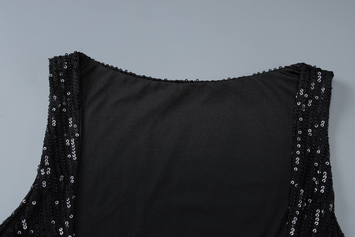 Women Clothing Autumn Sexy Backless Sleeveless Sequin Stitching Long Street Pleated Dress
