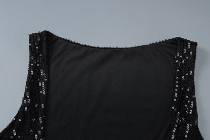 Women Clothing Autumn Sexy Backless Sleeveless Sequin Stitching Long Street Pleated Dress