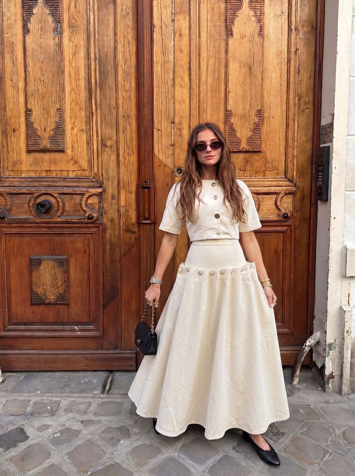 Summer Casual Unique Metal Button Lace up Denim Skirt Two Piece Sets