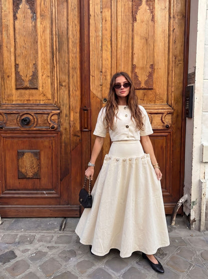 Summer Casual Unique Metal Button Lace up Denim Skirt Two Piece Sets