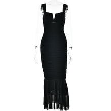 Load image into Gallery viewer, black ruffle maxi dress, bandage dress, bodycon maxi dress, ruched bodycon dress, ruffle ruched bodycon dress, bandage bodycon dress, cocktail dresses, sexy black dress, birthday party dresses.