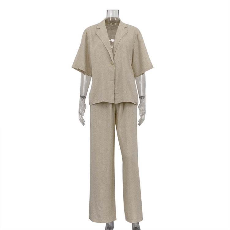 Spring Summer Linen Office Women Collared Half Sleeve Cardigan Top Loose Wide Leg Pants Two Piece Set