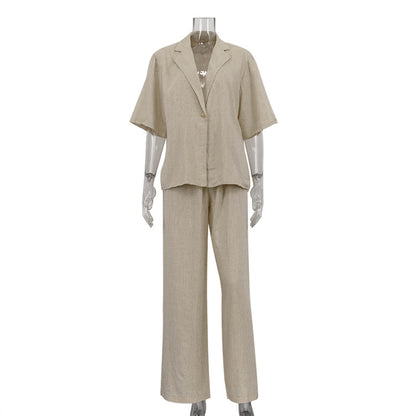 Spring Summer Linen Office Women Collared Half Sleeve Cardigan Top Loose Wide Leg Pants Two Piece Set