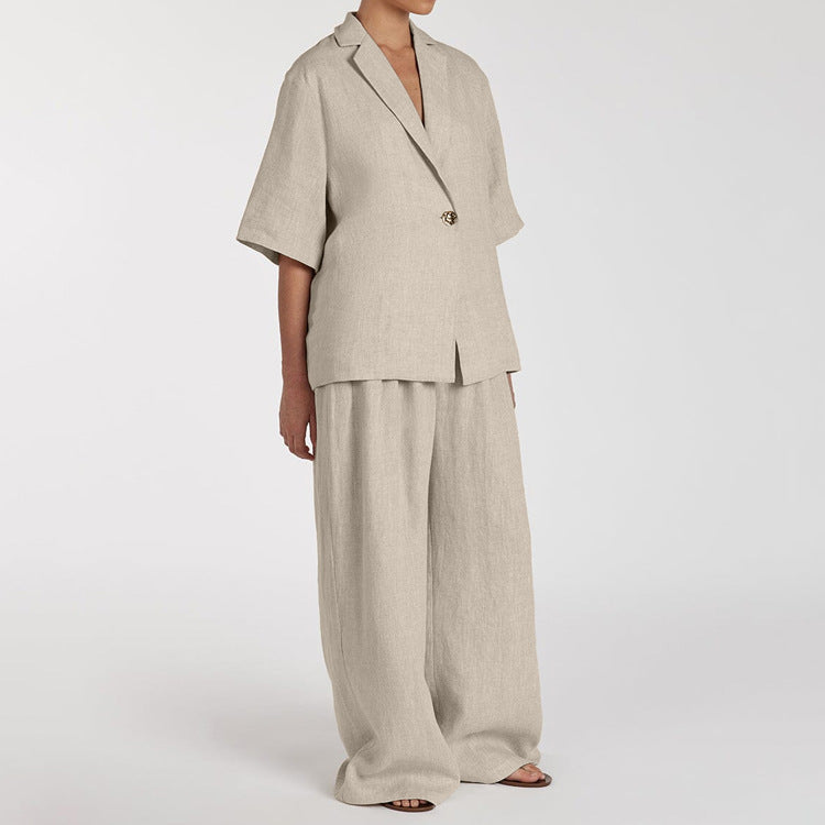 Spring Summer Linen Office Women Collared Half Sleeve Cardigan Top Loose Wide Leg Pants Two Piece Set