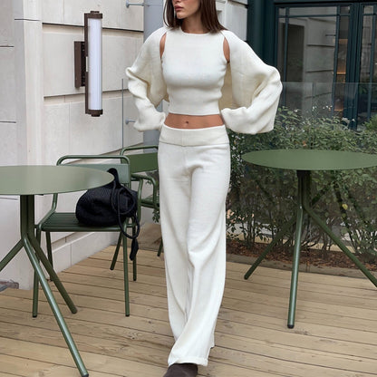 Three Piece Set Autumn Winter Knitted Top Halterneck Vest High Waist Wide Leg Pants Set