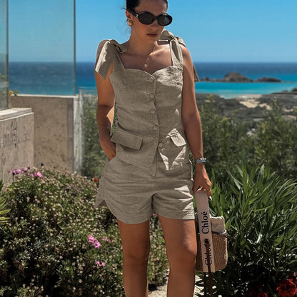 Cotton Bow Suspenders Vest Loose Shorts Two Piece Sets Cardigan Tube Top Women