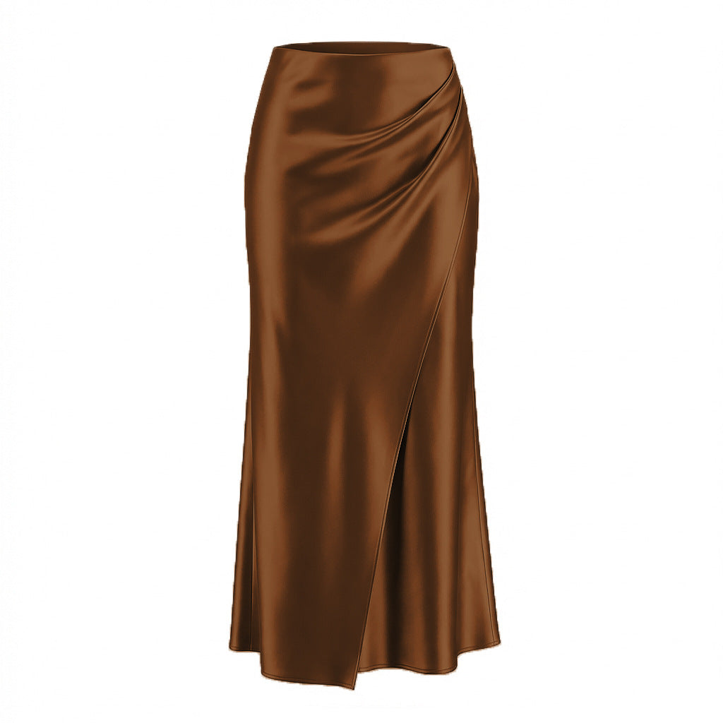 Heap Pleated Satin Skirt Elastic Waist Solid Color Elegant Sheath Skirt