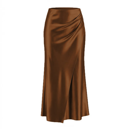 Heap Pleated Satin Skirt Elastic Waist Solid Color Elegant Sheath Skirt